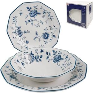 Churchill James Sadler&Sons Servizio da Tavola Rose, 18 Pezzi in Earthenware, Bianco/Blu, Lavabile in Lavastoviglie, Stile Inglese