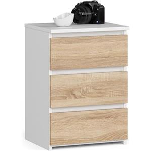 AKORD | Comodino CL-3 con 3 Cassetti | per il soggiorno, la camera da letto, il guardaroba, l'ufficio e lo studio | Design moderno e funzionale | 35 x 40 x 57 cm, 26 kg | Blanc | Chêne Sonoma