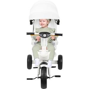 HUOLE Triciclo bambini fino 25 kg, Passeggino con Maniglione regolabile, Bici, Sedile girevole Fronte Mamma e Strada, Cappottina pieghevole, Ruota libera,100 * 75 * 50 cm - Bianco