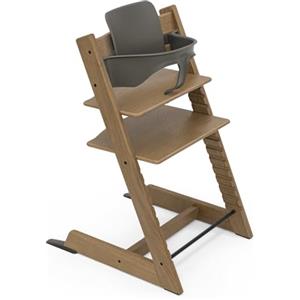Stokke Seggiolone Tripp Trapp di Stokke (Oak Brown) con Baby Set (Hazy Grey) - Sedia regolabile ed evolutiva per bambini e adulti - Design ergonomico e classico