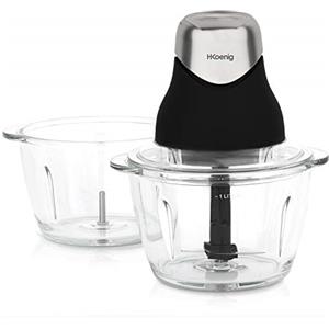 H.Koenig Mini Tritatutto elettrico Nero opaco LEO9 2 Ciotole di vetro graduata resistente 1L Lame in acciaio inox, facile da usare, verdure, spezie, frutta secca, coperchio per conservazione