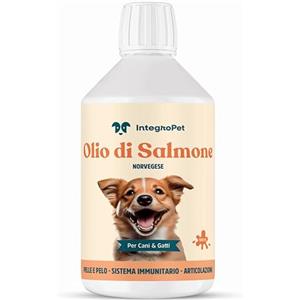 INTEGROPET - Olio di Salmone per Cani e Gatti 500 ml - Integratore Naturale Omega 3 e 6 per Pelo, Articolazioni e Sistema Immunitario