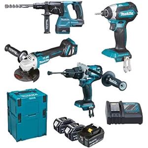 Makita Kit DLX4104TJ1 - Trapano a Percussione DHP481, Tassellatore DHR243, Avvitatore DTD153, Smerigliatrice DGA513, 3 Batterie 5Ah e Caricabatterie DC18RC