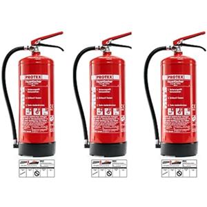 MBS FIRE PROTEX - 3 estintori a polvere - Estintore Protex - 6 kg - per le classi di fuoco ABC - Certificato secondo DIN EN 3 e CE - 9,5 kg ciascuno - con pratico supporto - con piastra di prova - Made in EU