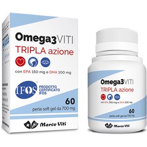 Massigen Omega 3 Viti Tripla Azione - Integratore Alimentare 60 Perle Softgel con EPA e DHA per il Benessere Cardiaco, Visivo e Cerebrale