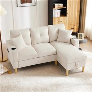 Wyibwy Divano moderno a L, divano angolare, divano a 3 posti con chaise longue, spazio contenitore, portabicchieri incorporato, dotato di 2 cuscini, adatto per soggiorno, appartamento, ecc.