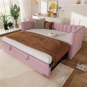 Rvjiahe Divano letto 90 x 200 cm (180 x 200 cm) con letto ospite, Letto estraibile stessa altezza, Letto allungabile per letto matrimoniale, Velluto, senza materasso (Rosa, 90cm×200cm)