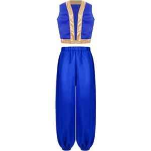 renvena Costume da Genio Bambini Abito Principe d' Arabia Gilet in Raso + Pantaloni Bloomers Costume Aladino Costumi in Maschera Cosplay Carnevale Halloween Blu A 7-8 anni