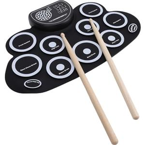 Pyhodi Batteria Elettrica per Bambini con 9 Pad, Altoparlante Integrato Ricaricabile, Batteria Portatile Pieghevole, Batteria Elettronica con Jack per Cuffie, Include 7 Toni di