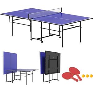 SPORTNOW Tavolo Ping Pong Pieghevole Salvaspazio per Interni, Tavolo da Ping Pong Professionale con Ruote Girevoli, Rete, Racchette e Palline, Blu