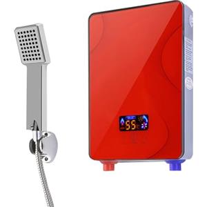 BraveeFly Scaldabagno elettrico istantaneo senza serbatoio, scaldacqua a caldo con soffione a pioggia galvanizzato e tubo doccia, per casa, camper, campeggio bianco (rosso)