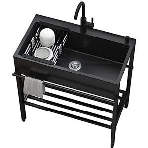 Yclty Lavello Cucina Nero con 1 vasca,60x45x86cm Lavandino in Acciaio Inox con Scolapiatti,Lavabo di Utilità con Rubinetto,Lavelli Commerciale Autoportante,Lavatoio da Giardino Campeggio,per Interni Esterni