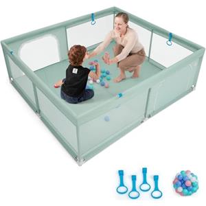 GYMAX 200 x 180 CM Recinto da Gioco per Bambini, Box per Bambini con Rete Traspirante, 50 Palline dell'Oceano e Anelli, Centro Attività con Borsa di Stoccaggio per 0-3 Anni, Blu/Verde/Grigio (Verde)