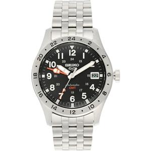 Seiko 5 GMT quadrante nero orologio in acciaio inox per gli uomini SSK023K1, Argento, Bracciale