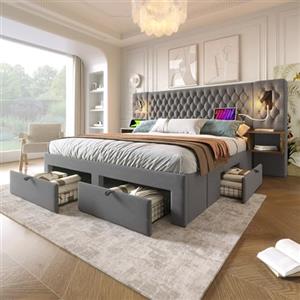 Kebnor Set completo per camera da letto, letto imbottito, letto matrimoniale con 2 comodini e 4 cassetti, testiera con funzione di ricarica USB, velluto (senza materasso) (grigio, 180 x 200 cm)