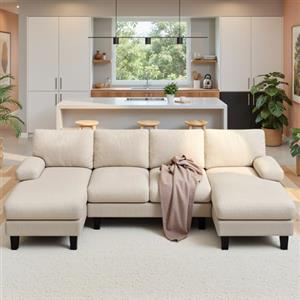 Xbro Divano Angolare a U 4 Posti con Doppia Chaise Longue, Divano Grande Moderno da Soggiorno e Salotto in Velluto a Coste, Struttura in Legno e Metallo 271x122x86 cm, Beige