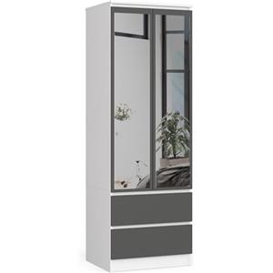 AKORD | Armadio con Specchio S | 60 cm Due Ante | 2 Cassetti con ripiani e Asta Appendiabiti | Mobiletto Cameretta Camera da Letto | Guardaroba | Pannello in laminato 16 mm | Bianco/grigio grafite
