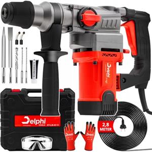 Delphi Martello Demolitore SDS Plus 2200W, Trapano a Percussione 3 Funzioni, 4J Energia d'Impatto, con Custodia, Punta e Scalpello, Cavo da 2,8m, Set di Accessori