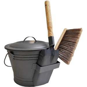 Generico Secchio per cenere con coperchio, contenitore in metallo a parete con pala e scopa, set di secchi per cenere per griglie Stufe a legna Patio Giardino Esterno Interno