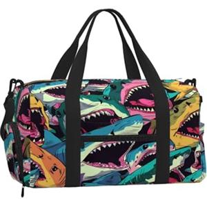 Ginfult Borsa sportiva colorata con squalo oceano e mare, borsa da palestra con scomparto per scarpe e tasca bagnata, borsa da viaggio impermeabile per allenamento durante la notte, borsa da weekender