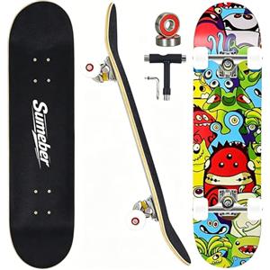Sumeber Skateboard per principianti, longboard Cruiser a 7 strati in acero canadese doppio calcio concavo standard e trucchi skateboard per ragazze ragazzi bambini e principianti (elfo)