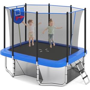 COSTWAY Trampolino da Esterno per Bambini e Adulti 317 x 255 cm, Tappeto Elastico Rettangolare con Canestro da Basket, Porta da Calcio, Scala Antiscivolo, Rete e Telaio in Acciaio