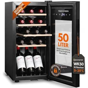 Sommertal Frigorifero per vino con porta in vetro WK50 - 15 bottiglie, regolabile 5-20°C, bloccabile, illuminazione a LED, porta in vetro, touchscreen, 4 ripiani in legno, silenzioso e a risparmio