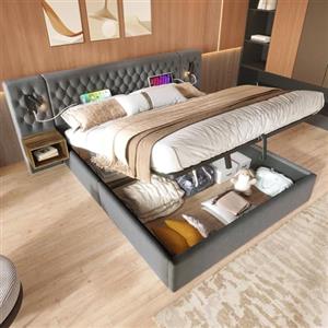 Kelodan Letto imbottito, set completo, 160 x 200 cm, camera da letto, letto matrimoniale con 2 comodini, testiera con funzione di ricarica USB, colore grigio, velluto (senza materasso)