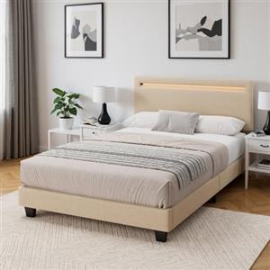 Blishom Letto imbottito 120x200cm con luce LED, Letto a piattaforma imbottito, Struttura in ferro, Testiera imbottita, Bse robusta, Adatto per camere degli ospiti (Beige)
