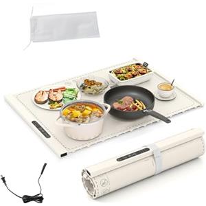 SOARS Scaldavivande Elettrico Portatile, Tappetino Riscaldante Pieghevole in Silicone, Temperatura Regolabile a 3 Livelli, 3 Timer, Vassoio Riscaldante per Feste, Buffet, Riunione (Bianco, 60 X 44 CM)