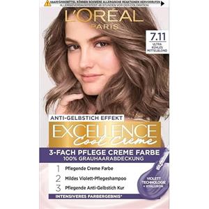 L'Oreal Paris L'Oréal Paris - Tinta permanente per capelli con colore ultra freddo, copertura grigia al 100%, set con colorazione, shampoo e balsamo, Excellence Cool Creme #7.11 biondo cenere ultra (biondo)