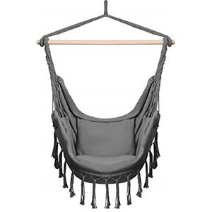BOGATECO Sedia Amaca Sospesa con 2 Cuscini | con Supporto in Legno | Portata 150 kg | Perfetto per Interno & Esterno | a Casa, Patio, Cortile e Giardino | Grigio Scuro