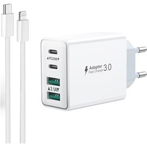 LumFocus Caricatore USB C with 2M Cavo iPhone Rapido Presa Caricabatterie Caricatore for iPhone 14 13 12 11 Pro Max Plus/XS/XR/X/SE/8/7, iPad, 40W 4-Porto Spina USB Multiplo Alimentatore Adattatore Carica