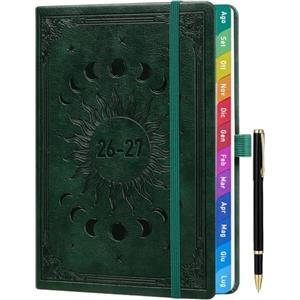 ZXHQ Agenda 2026-2027 Settimanale A5, Versione Italiana, Agosto 2026 - Luglio 2027, Agenda Verticale con Linguette Colorate e Tasca Interna, Copertina Sole e Luna - Verde Scuro