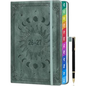 ZXHQ Agenda 2026-2027 Settimanale A5, Versione Italiana, Agosto 2026 - Luglio 2027, Agenda Verticale con Linguette Colorate e Tasca Interna, Copertina Sole e Luna - Verde Salvia
