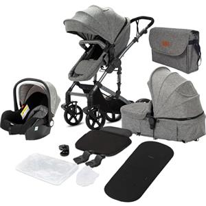 NADDLILY Passeggino Trio, Passeggino 3 in 1 con Spinta Reversibile a Due Vie, Trio Passeggino Neonati con Accessori, Carrozzina per Neonati con Design Portatile Pieghevole Un Clic (588 Grey)