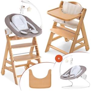 hauck Seggiolone in Legno, Alpha Move Set Deluxe Natural, Grey | Seggiolone in legno per bambini, con ruote, dalla nascita fino a 90 kg, con inserto per neonato, tavolo da pranzo e cuscino