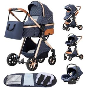 YAZOCO Passeggino Trio 3 in 1 Carrozzina Ovetto Pieghevole Set Viaggi Passeggino Neonato Sedili Parapiedi Zanzariere Carrozzina Multifunzionale (4 blu)