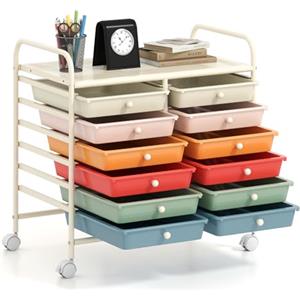 COSTWAY Carrello di Stoccaggio con 12 Cassetti, Carrello portaoggetti con 4 Ruote, Carrello Multiuso per Scuola Ufficio Cucina, 64 x 38 x 62 cm (12 cassetti Macaron)