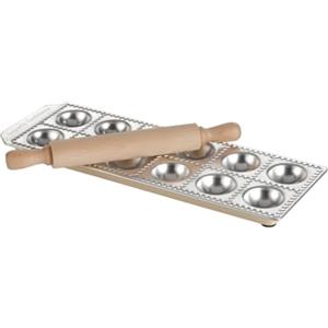 Imperia KitchenCraft Imperia Stampo per Ravioli con Dodici Fori e Mattarello, Legno / Acciaio Inossidabile, 33.7 x 1.9 x 11.4 cm, Argento / Marrone