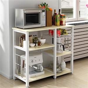 DlandHome Scaffale Cucina Salvaspazio, Supporto per Microonde e Forno, Mensola Cucina per Mettere Piatti e Ciotole, 6 Portaspezie con 1 Cestello in Ferro + 3 Gancio, Acero