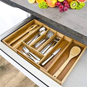 BAKAJI Vassoio Portaposate Estendibile in Legno di Bambù con 5 Scomparti e 2 a Scomparsa - Dimensioni 33,5 x 29 x 5 cm