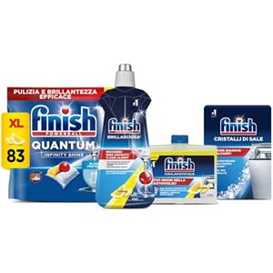 Finish Kit Lavastoviglie, 83 Pastiglie Quantum Infinity Shine al Limone, Brillantante Lemon 500ml, Curalavastoviglie al Limone 250ml, Cristalli di Sale 1kg