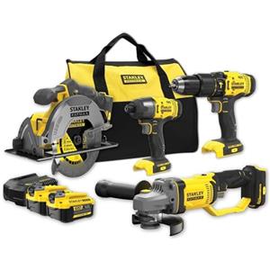 STANLEY FATMAX ,Kit batteria Stanley Fatmax V20 18 V - trapano a percussione, sega circolare a mano, smerigliatrice angolare, avvitatore a impulsi, caricabatterie e 2 batterie da 4,0 Ah. SFMCK469M2-QW