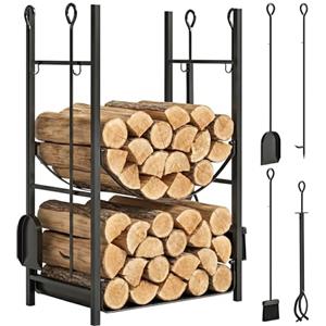 Outsunny Portalegna da Interno ed Esterno Rialzato a 2 Ripiani, Porta Legna da Ardere in Metallo con Supporti Rimovibili, Paletta, Scopa, Attizzatoio e Pinza, Capacità 70 kg, 44.5x29.5x73 cm, Nero