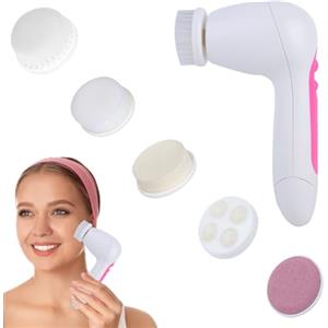 Agatige Spazzola di scrub facciale, spazzola esfoliante elettrica di rotazione del viso 5 in 1, strumenti di cura della pelle della spazzola di pulizia facciale per le donne e le ragazze (rosa)