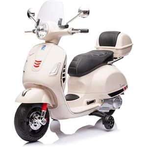 Mondial Toys Moto Elettrica per Bambini 12V con Licenza Ufficiale Vespa Piaggio - Modello GTS Super, Luci LED, MP3, Sedile in Pelle, Bauletto - Bianco