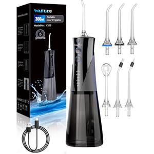 WAFLOO Idropulsore Dentale con 5 Modalità e 6 Beccucci - Design Portatile e Ricaricabile, Serbatoio da 300ml, Pulizia Profonda per Denti e Gengive, Impermeabile IPX7（nero）