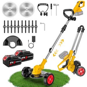 Uverbon Decespugliatore a Batteria 21V, Tagliabordi a Batteria, 2 in 1 Tagliaerba Elettrico senza Filo Pieghevole con 2 Batterie, Ruote Rimovibili, 2 Tipi Lame, Altezza Regolabile per Giardino e Prato