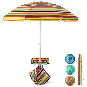 COSTWAY Ombrellone da Spiaggia ∅192cm, Protezione UV 50+, con Tavolo, Sacchetto di Sabbia, 8 Stecche, Inclinabile 30°, Parasole Antivento per Spiaggia Mare Balcone (Arancione e Giallo)